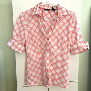 Coral/White Button Down with Rolled 3/4 Sleeves